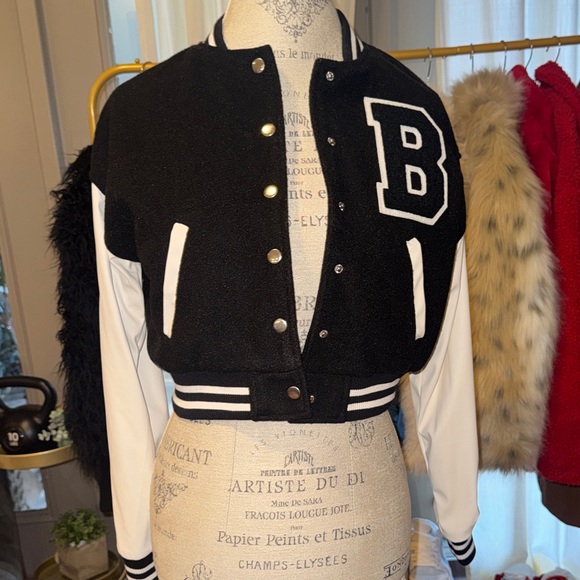 Love Tree Black & White Varsity Jacket B letterman snap closure bomber cropped S - Picture 7 of 12
